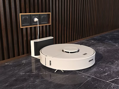 White Circular Robot Vacuum Cleaner With Charging Dock On Marble Floor In Modern Home 3d model