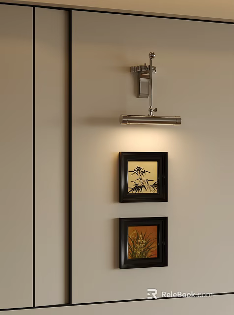Modern Wall Lamp With Sleek Design Illuminating Decorative Paintings On Beige Interior Wall 3d model 
