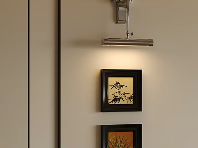 Modern Wall Lamp With Sleek Design Illuminating Decorative Paintings On Beige Interior Wall 3d model