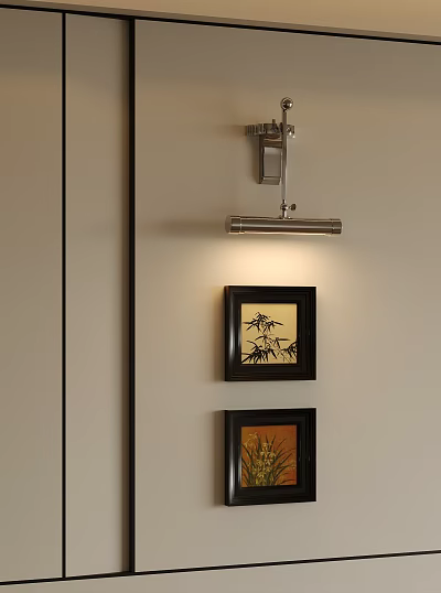 Modern Wall Lamp With Sleek Design Illuminating Decorative Paintings On Beige Interior Wall 3d model