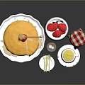 Fluffy Pancake Stack with Cherry Honey Drizzle Fresh Strawberries Jam Jar Milk Cup and Utensils