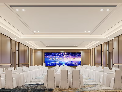 Modern Banquet Hall Interior Design With White Table Settings Large Screen And Elegant Lighting 3d model
