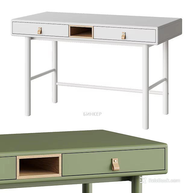 Modern White And Green Desks With Gold Handles And Wooden Drawer Interiors 3d model 