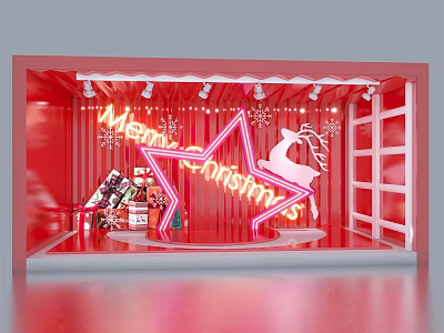 Red Christmas Window Display With Merry Christmas Neon Sign Star And Reindeer Decorations 3d model