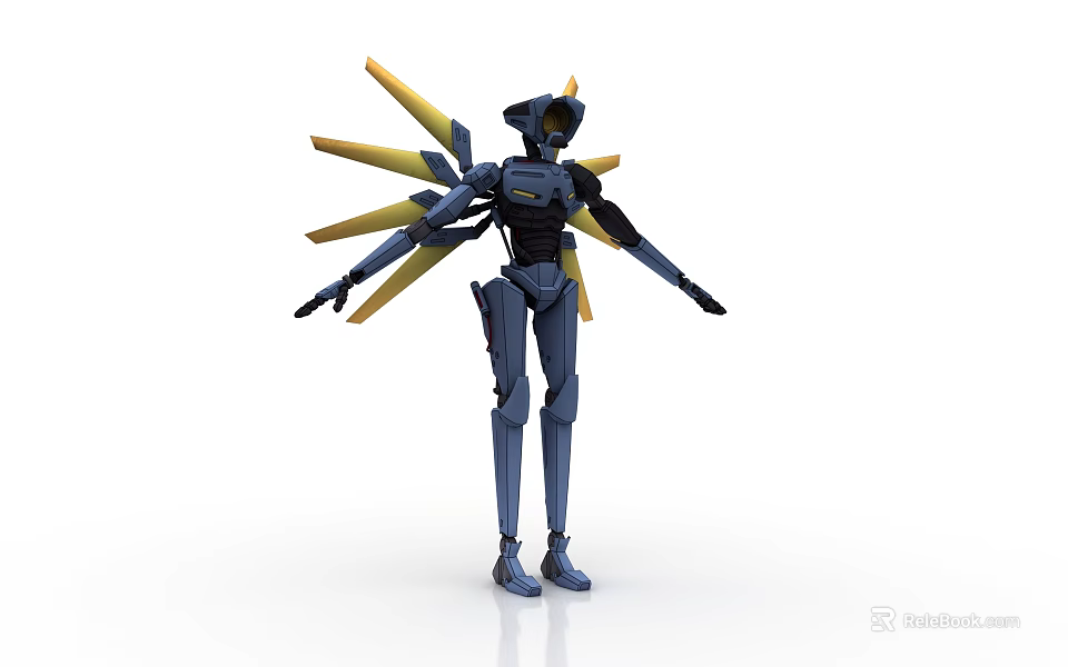 Game And Movie Character Blue Mechanical Robot With Yellow Spiked Appendages In Dynamic Standing Pose 3d model 