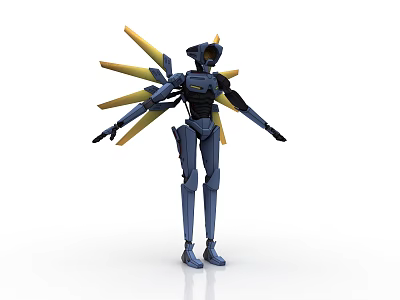 Game And Movie Character Blue Mechanical Robot With Yellow Spiked Appendages In Dynamic Standing Pose 3d model