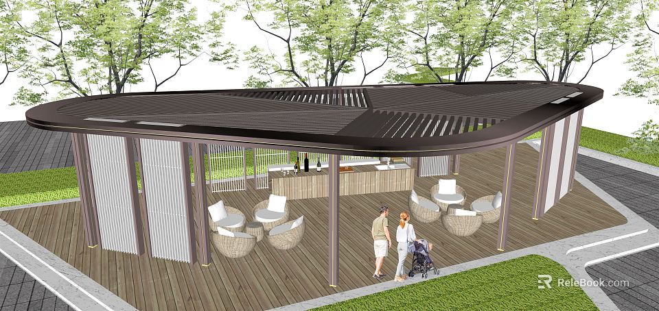 Pergola with Slatted Roof Wooden Deck Bar Counter and Seating Area Near Trees and Lawn 3d model 