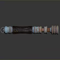 Futuristic Weapon With Metallic Cylindrical Design Colorful Blue Red Copper Rings Shiny Reflective Surface