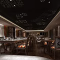 Vintage Restaurant With Black Ceiling White Hand Drawn Art Dark Wooden Flooring Striped Cushion Chairs