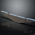 Automotive Grille Component With Parallel Metallic Stripes And Reflective Silver Finish On Dark Background