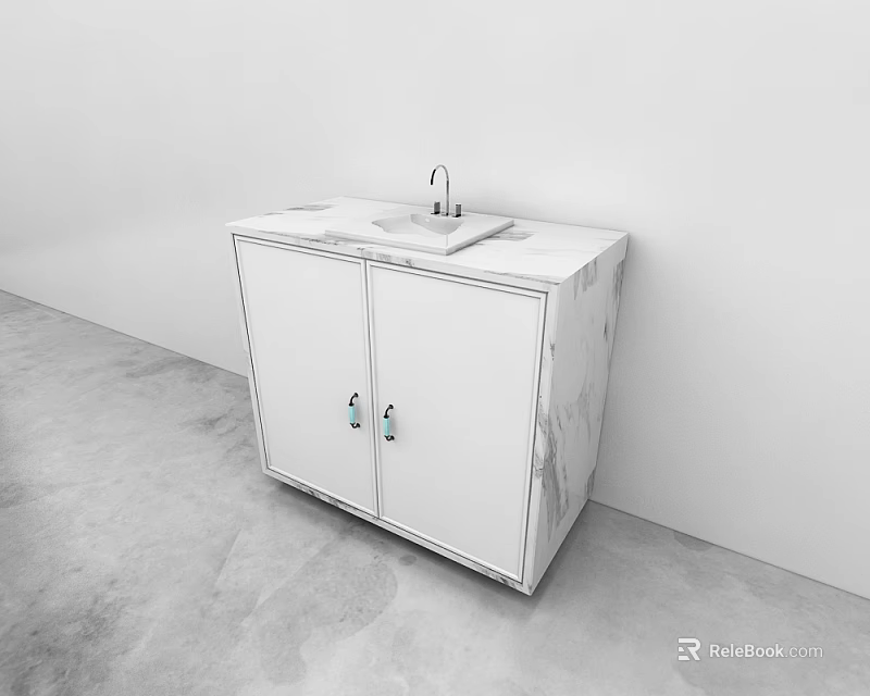 Modern White Vanity With Marble Countertop Double Door Cabinet And Faucet 3d model 