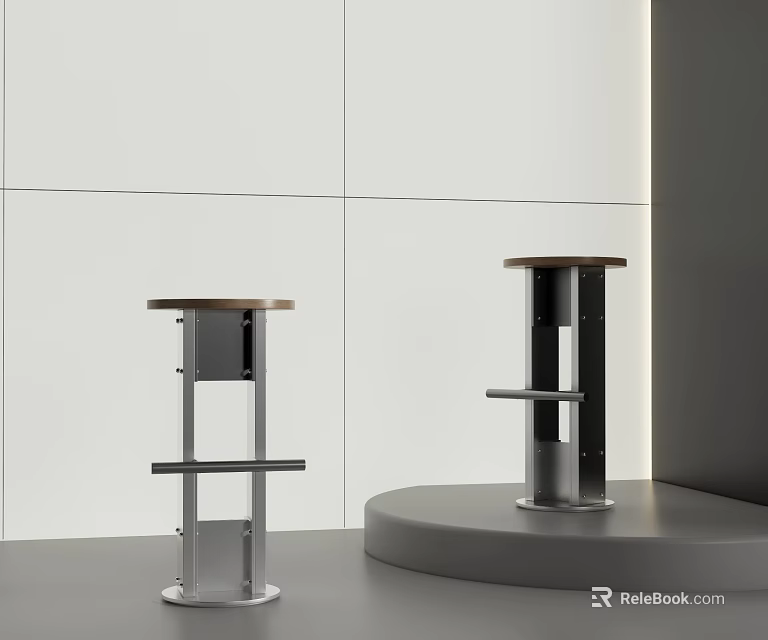 Bar Stools With Metal Bases And Wooden Round Seats By White Wall And Gray Platform 3d model 