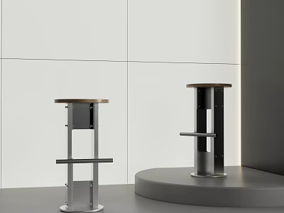 Bar Stools With Metal Bases And Wooden Round Seats By White Wall And Gray Platform 3d model