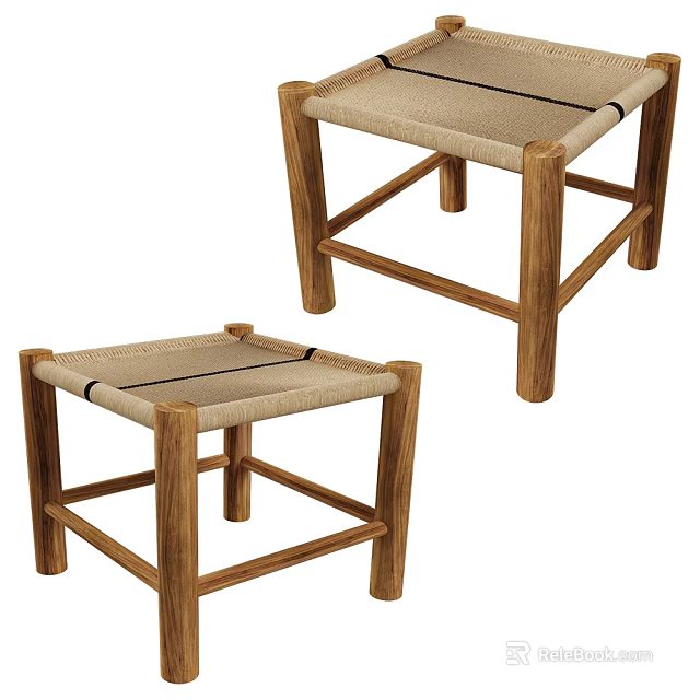 Modern Wooden Stools With Woven Seat And Solid Leg Design 3d model