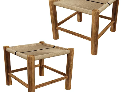 Modern Wooden Stools With Woven Seat And Solid Leg Design 3d model