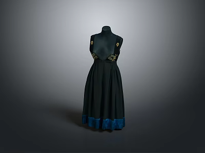 Elegant Black Dress With Gold Accents On Back And Blue Hem Trim 3d model