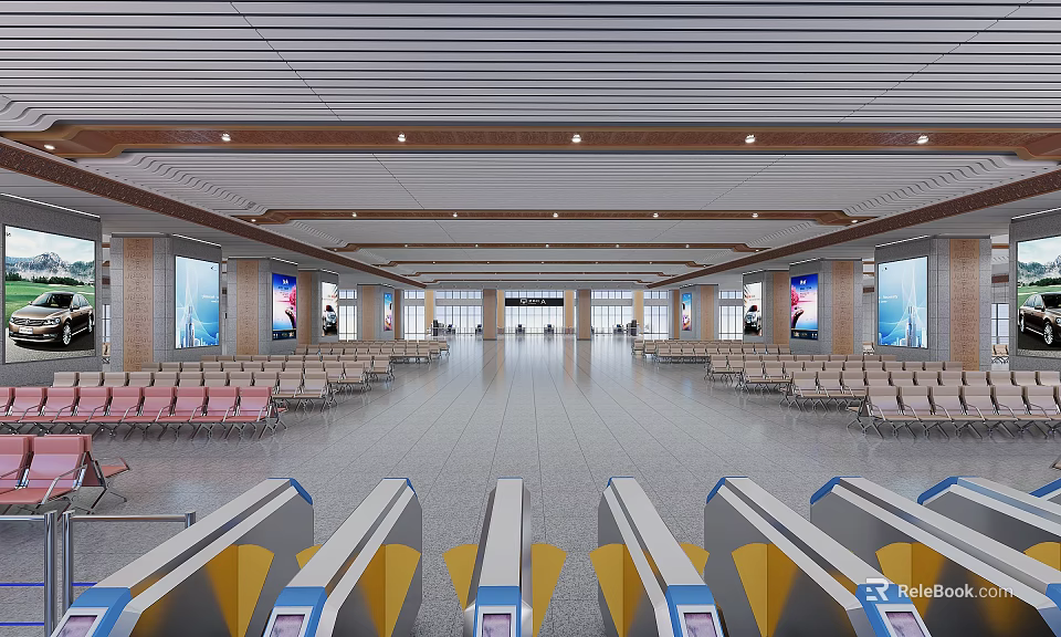Spacious Modern Train Station Hall With Rows Of Seats Ticket Gates And Advertising Screens 3d model 