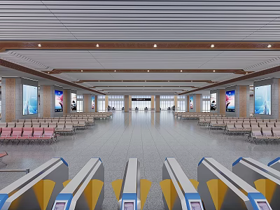 Spacious Modern Train Station Hall With Rows Of Seats Ticket Gates And Advertising Screens 3d model