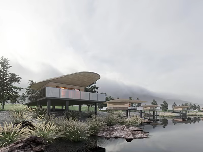 Modern Detached Villa With Curved Roof Overlooking Waterfront And Natural Greenery 3d model