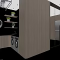 Modern Bathroom Cabinet Shelf On Marble Wall With Potted Plants And Washing Machines