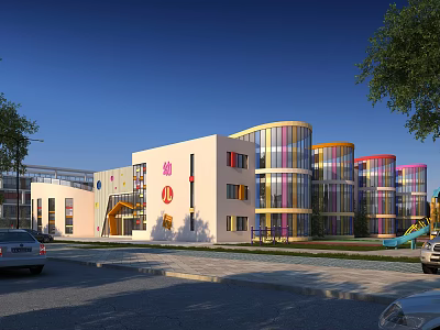 Modern School Building with Colorful Cylindrical Structures Playground Slide Trees and Cars 3d model