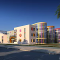 Modern School Building with Colorful Cylindrical Structures Playground Slide Trees and Cars