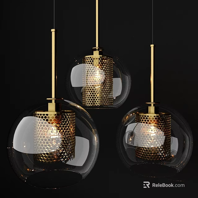 Modern Stylish Hanging Chandeliers With Transparent Glass Balls And Gold Honeycomb Metal Mesh 3d model 