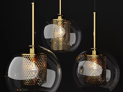 Modern Stylish Hanging Chandeliers With Transparent Glass Balls And Gold Honeycomb Metal Mesh 3d model