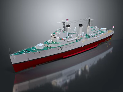 Detailed Warship Model Number 120 With White Hull Red Bottom Deck Funnels And Masts 3d model