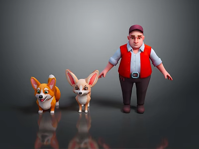Animated Game Movie Character in Red Vest Cap Standing with Corgi and Fennec Fox 3d model