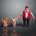 Animated Game Movie Character in Red Vest Cap Standing with Corgi and Fennec Fox