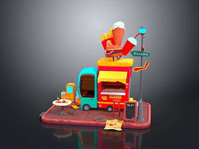Vibrant Food Truck With Ice Cream Cone Fries Table Street Sign And Menu Board 3d model