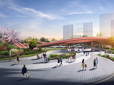 Vibrant Urban Park Landscape With Pedestrians Cherry Blossoms And Modern Canopy 3d model