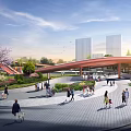 Vibrant Urban Park Landscape With Pedestrians Cherry Blossoms And Modern Canopy