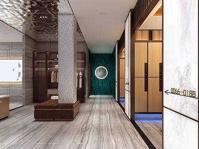 Elegant Modern Elevator Hallway With Mirrored Ceiling Green Wall And Marble Floor 3d model