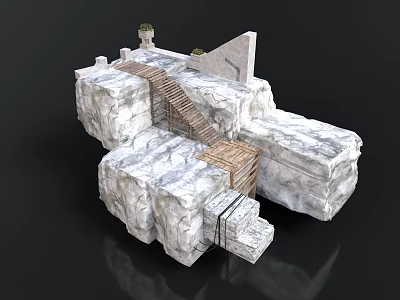 Detailed Rocky Stone Structure With Marble Platforms Wooden Bridge And Staircase 3d model