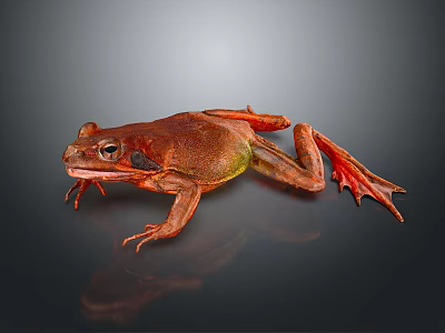 Red Frog With Green Abdomen And Stretched Limbs On Dark Reflective Surface 3d model