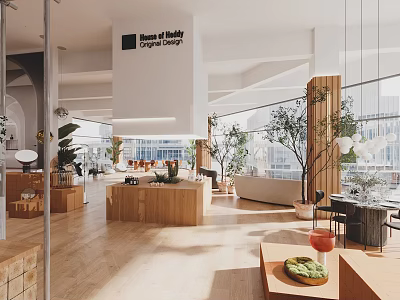 Design Studio Showroom Interior With Wooden Furniture Plants And Large Windows 3d model