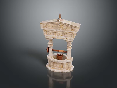Antique Style Stone Well Model With Carved Details And Wooden Bucket 3d model