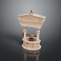 Antique Style Stone Well Model With Carved Details And Wooden Bucket