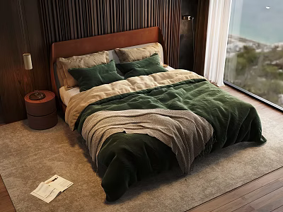 Double Bed with Wooden Headboard Green Beige Duvet Gray Blanket Nightstand Lamp Large Window View 3d model