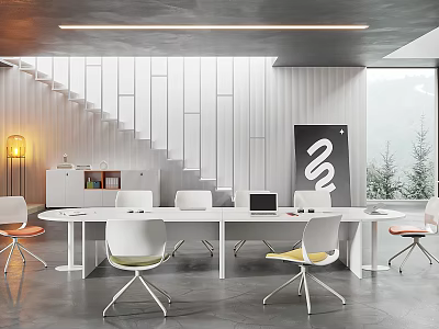Modern Conference Room Interior With Long White Table Colorful Chairs Black Wall Art Bookshelf And Windows 3d model