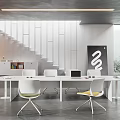 Modern Conference Room Interior With Long White Table Colorful Chairs Black Wall Art Bookshelf And Windows