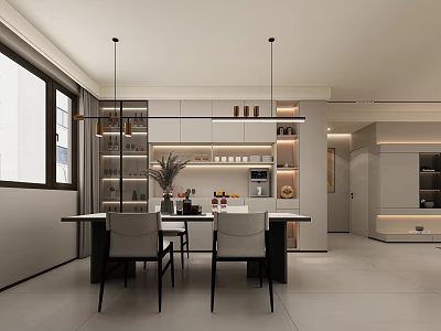 Modern Restaurant Interior Design With Dining Table Chairs And Pendant Lights 3d model