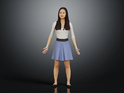 Woman standing with open hands in white top and light blue skirt against dark background 3d model