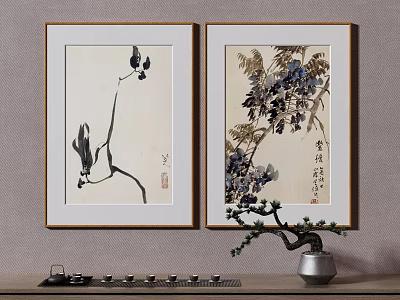 Traditional Chinese Framed Paintings With Tea Set And Potted Plant On Wall 3d model