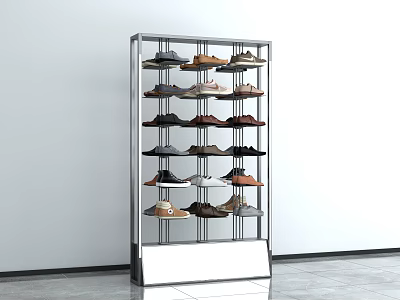 Modern Shoe Rack With Metal Frame White Base Multiple Shelves Holding Shoes And Hats 3d model