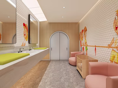 Kid Friendly Public Restroom With Cartoon Murals Wash Basins Mirrors And Soft Seats 3d model