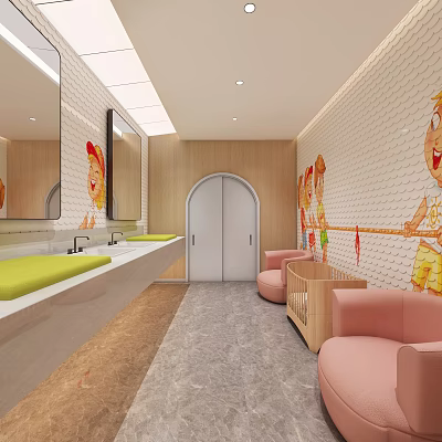 Kid Friendly Public Restroom With Cartoon Murals Wash Basins Mirrors And Soft Seats 3d model