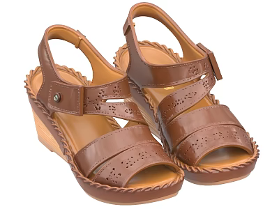 Brown Wedge Heel Sandals With Perforated Design Crisscross Straps And Stitched Edges 3d model